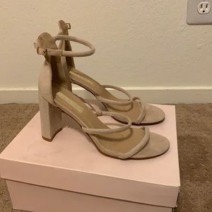 Beige micro suede chunky heels